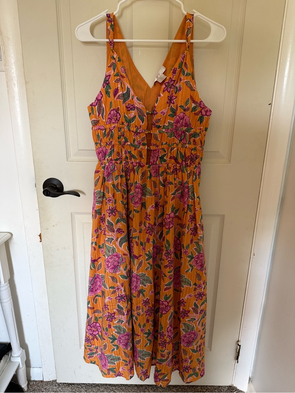 Caroline Constas Mustard Yellow Floral Midi Dress with Pink Blooms - Picture 4 of 6